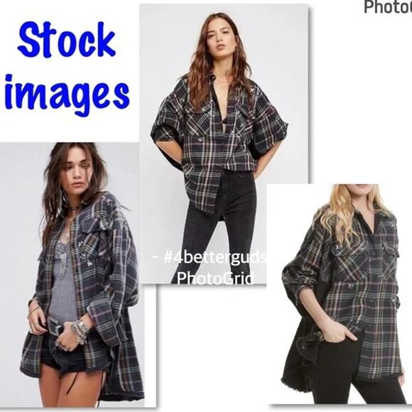 Free People Charcoal Gray Plaid Embellished w/ Sequin Stars Shirts Sz Small - Picture 7 of 7